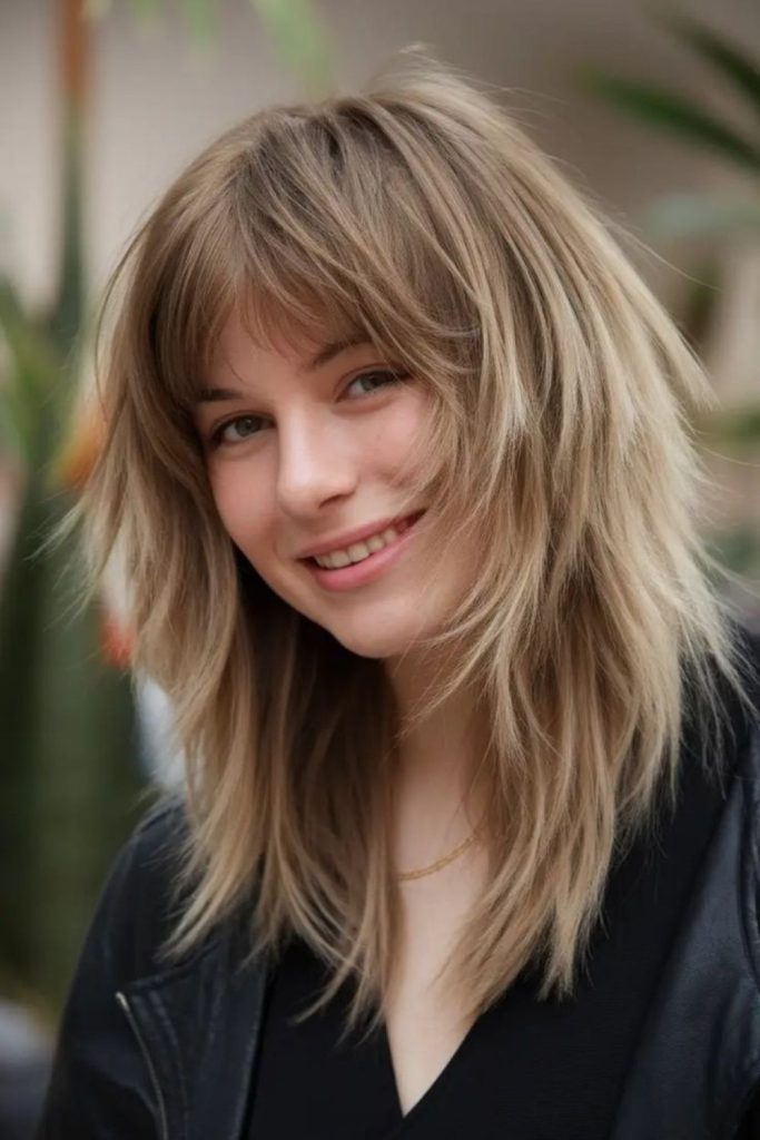 Feathered layers produce soft flowing hair.