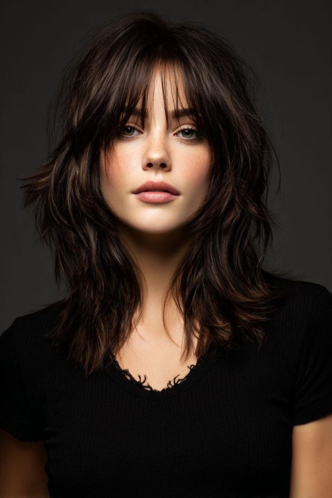 Dark glossy layered hair with fringe
