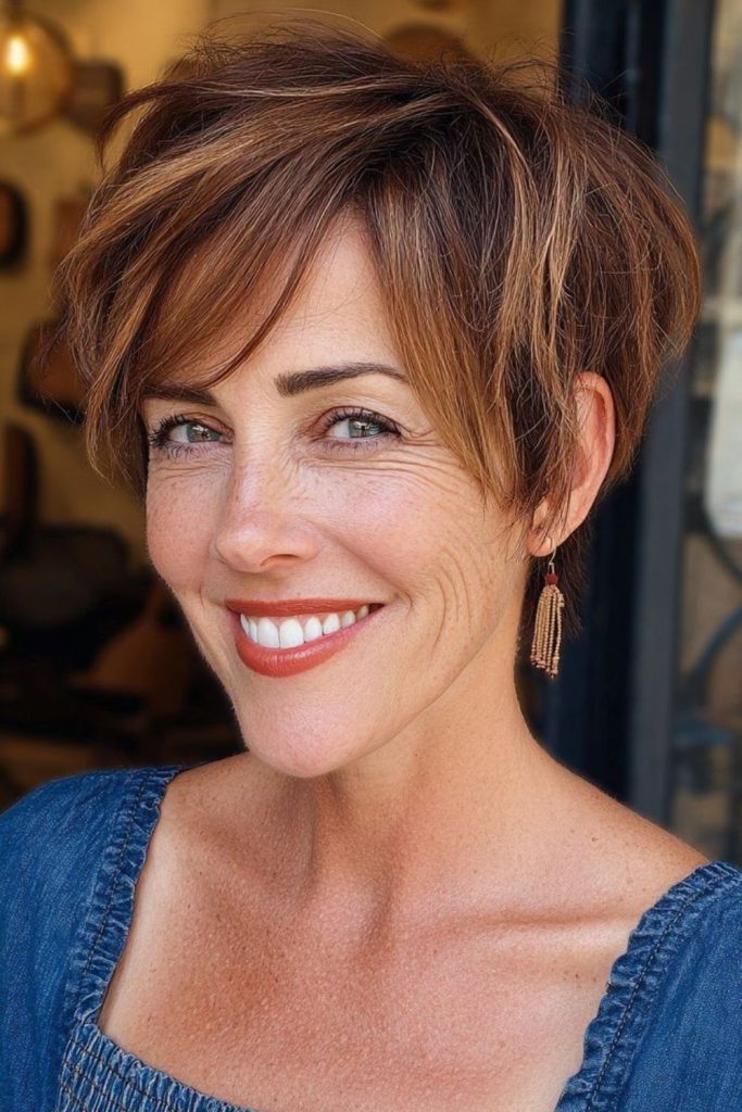 Volumized crown pixie shape.