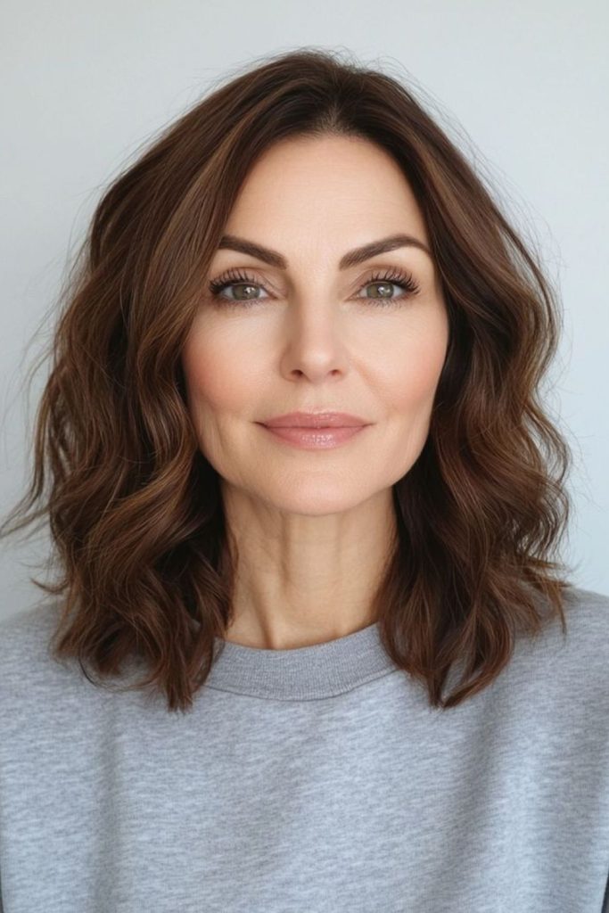 Wavy brunette midi cut elegance.