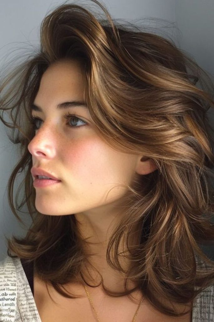 Loose wavy shoulder-length flowing hairstyle