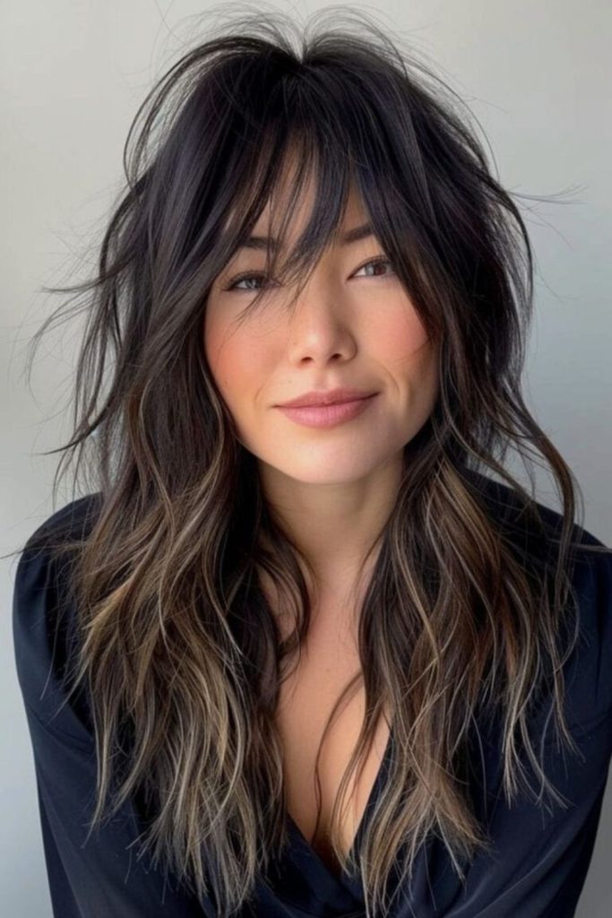 Smoky gray wispy forehead bangs