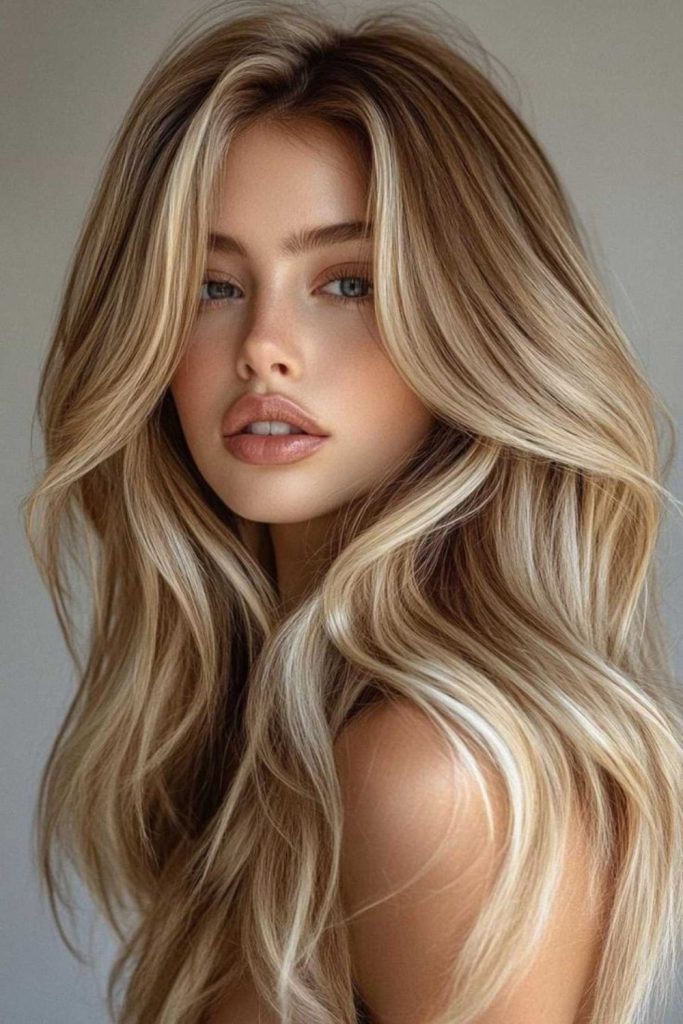 Caramel highlights in loose flowing waves