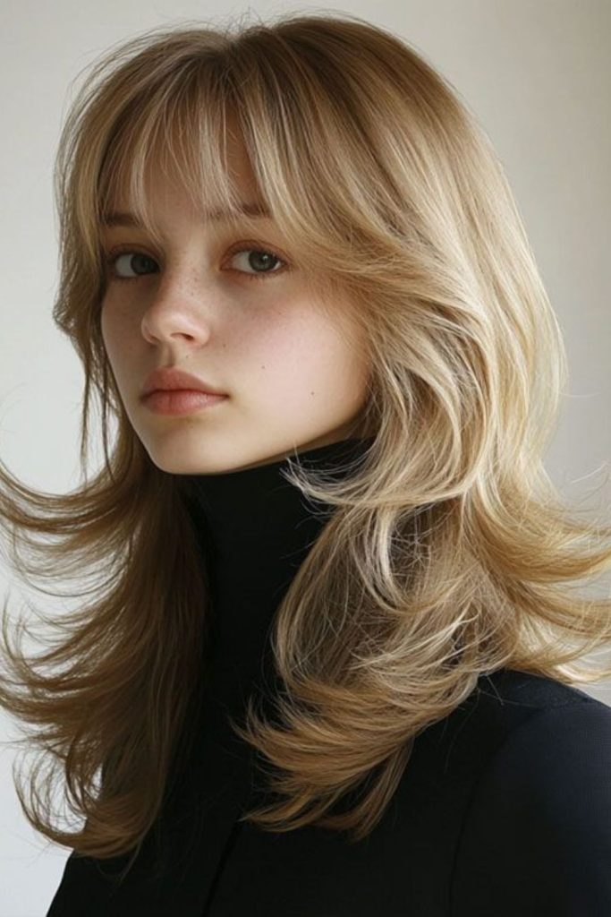 Airy shoulder-length layered hairstyle softly flowing