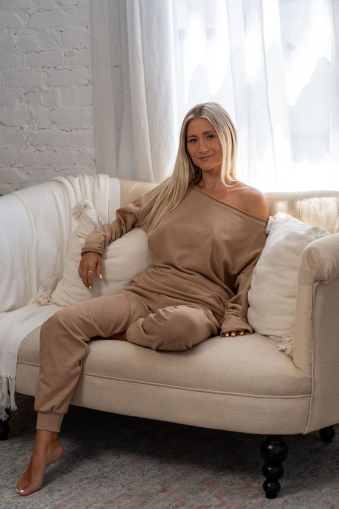 Almond sweatsuit neutral cozy lounge.