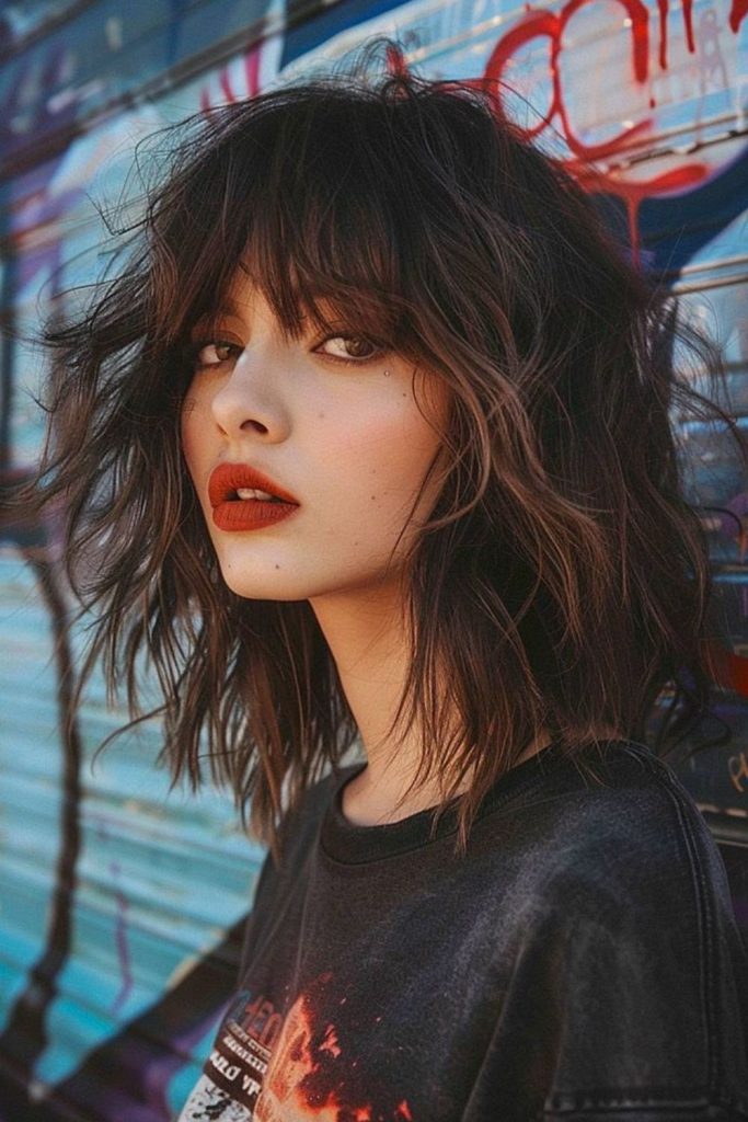 Amber layered jagged textured wolfcut hairstyle.