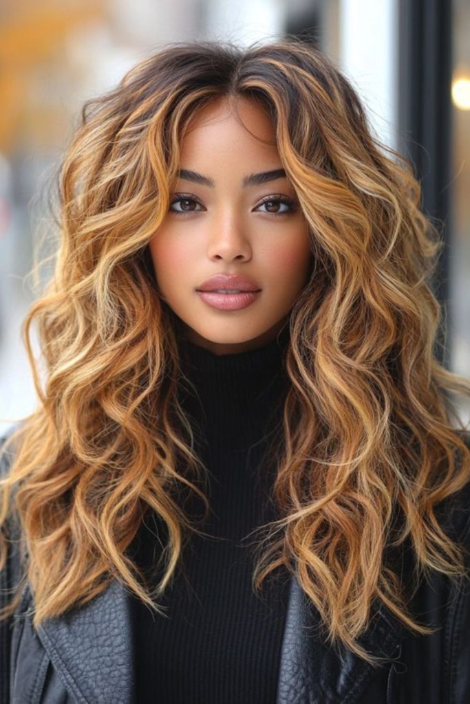 Shaggy layers with amber streak highlights.