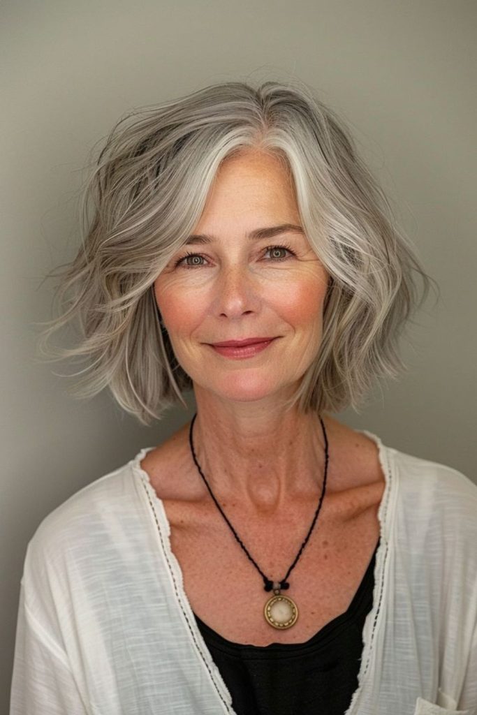Muted gray layered bob with texture