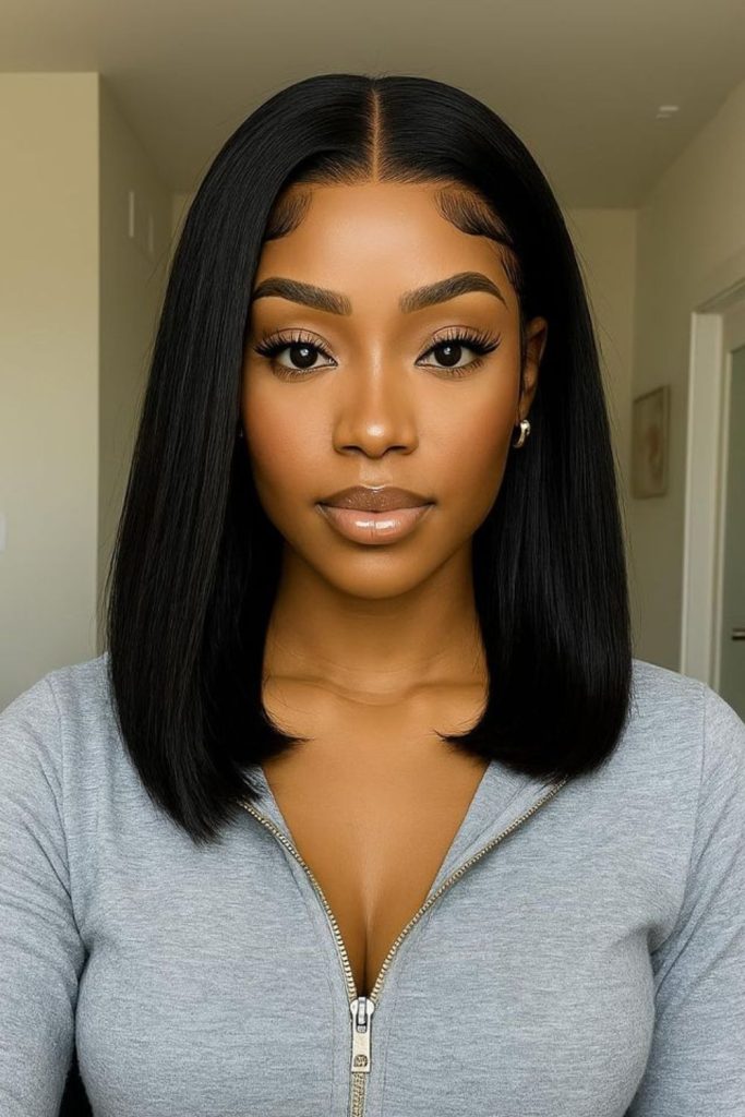 Sleek black chrome straight lob.