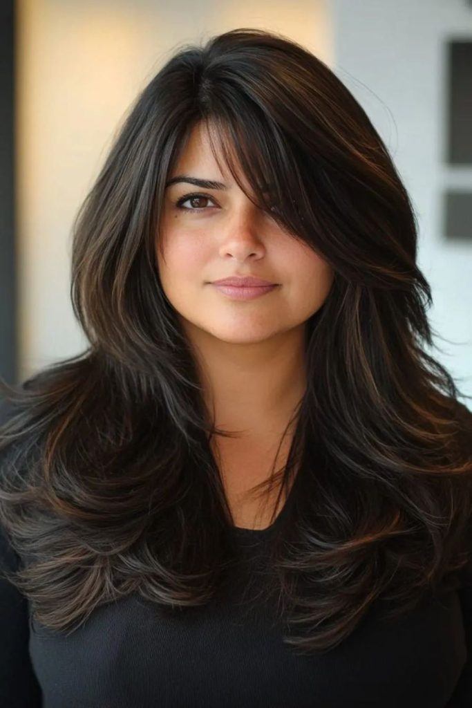 Dramatic black ice fringe wig.