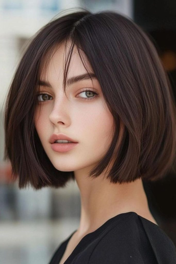 Sleek chocolate brown blunt cut bob.