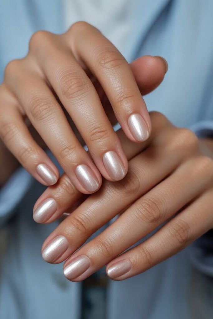 Latte nude glossy short nails.