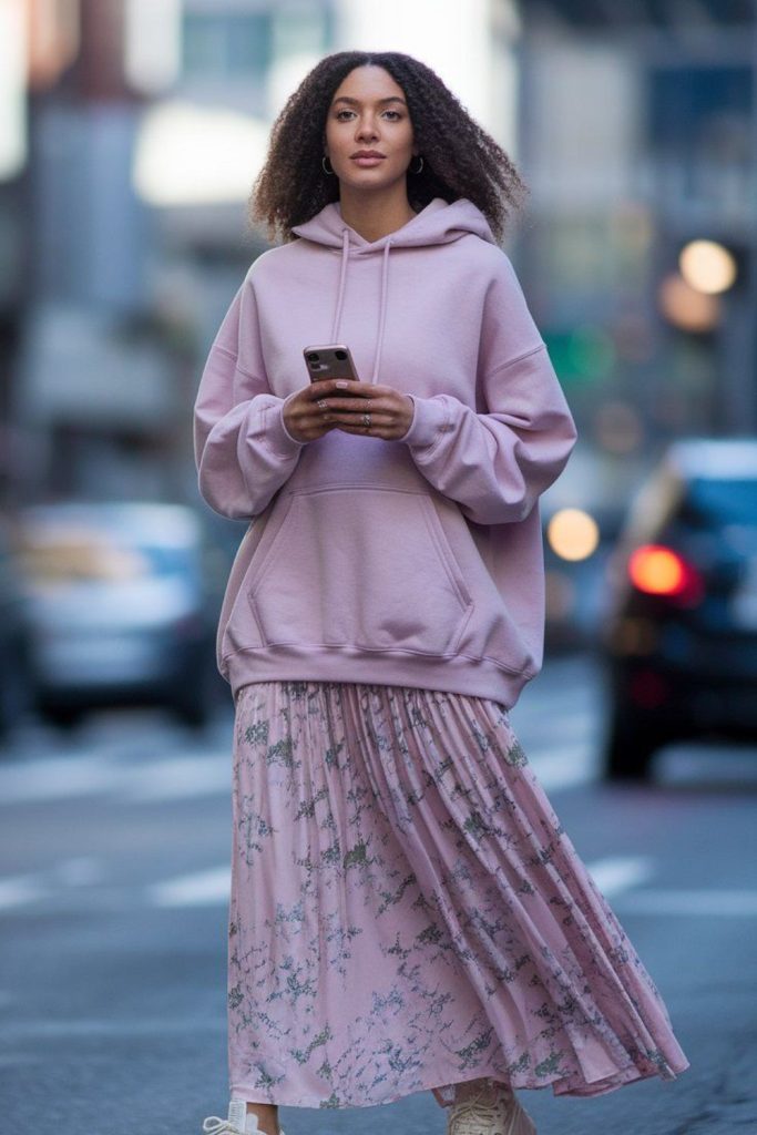 Blush pink hoodie with asymmetrical skirt
