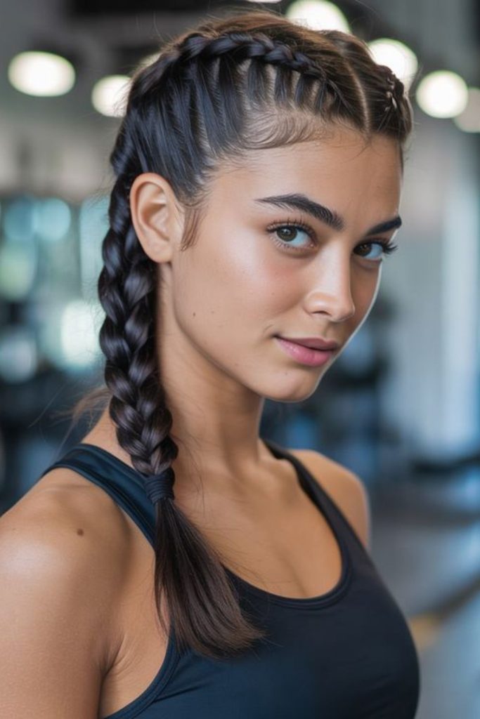 Twin braided athletic basketball hairstyle