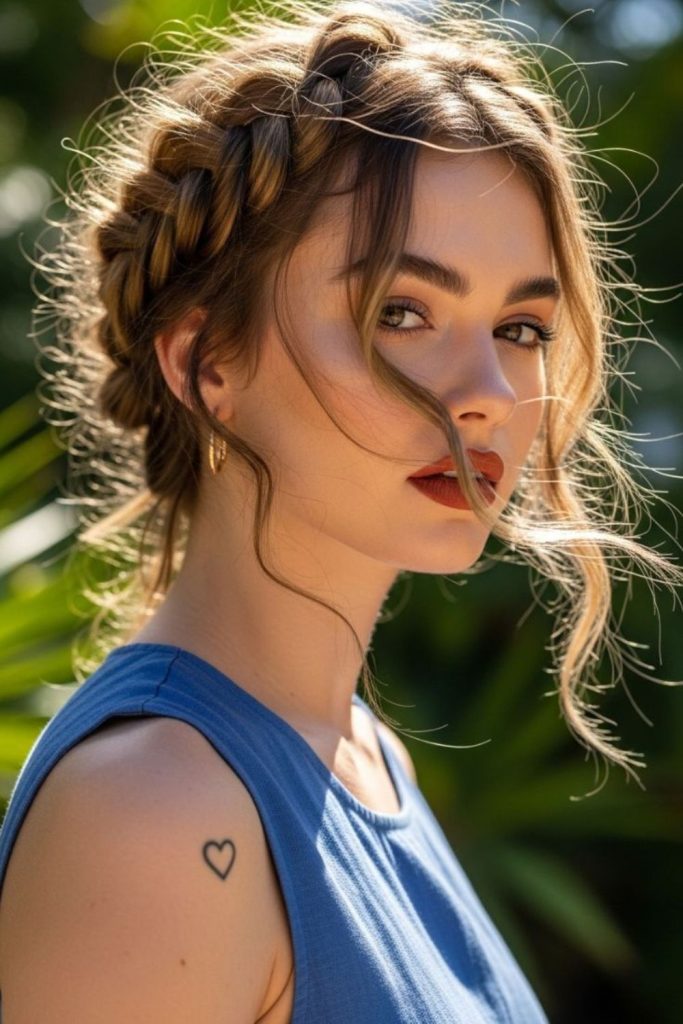 Braided crown with subtle loose edges.