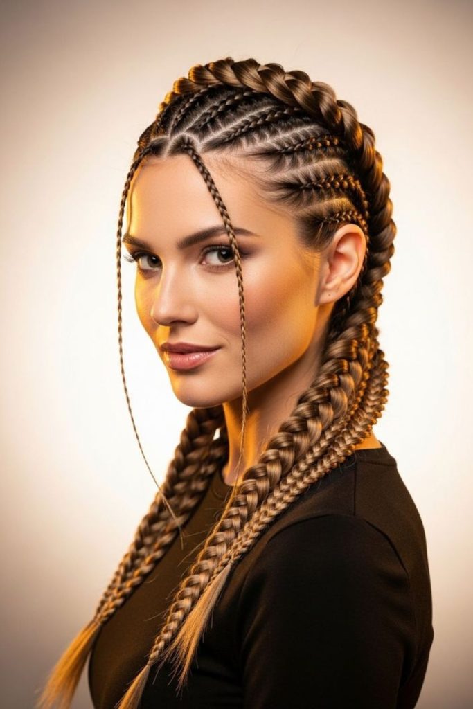 Thin braids merged with jagged fringe