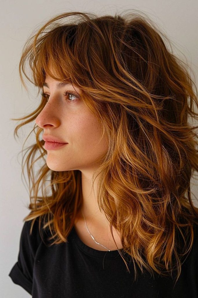 Bronze jagged flowing layered shag hair.