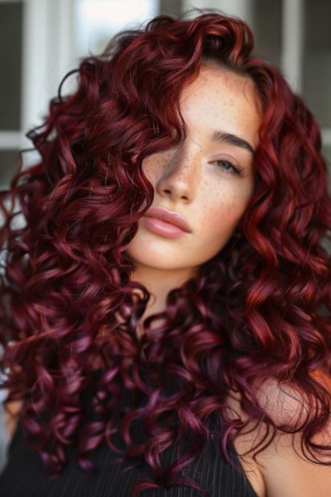 Deep burgundy ringlets cascade elegantly