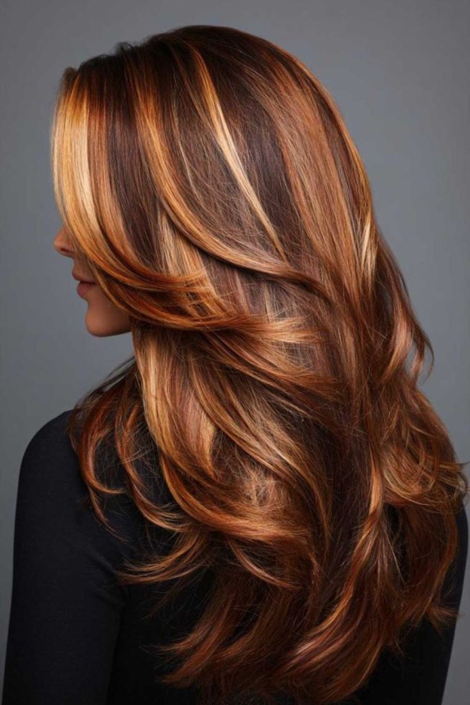 Flicked layers with butterscotch honey tones.