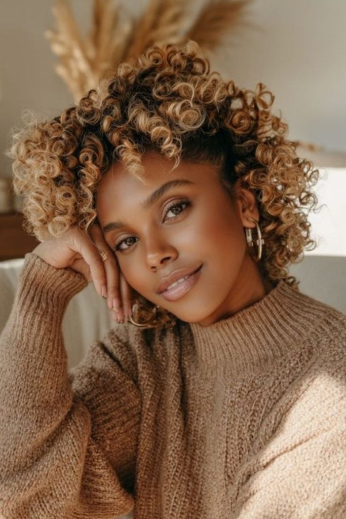 High afro puff with caramel highlights