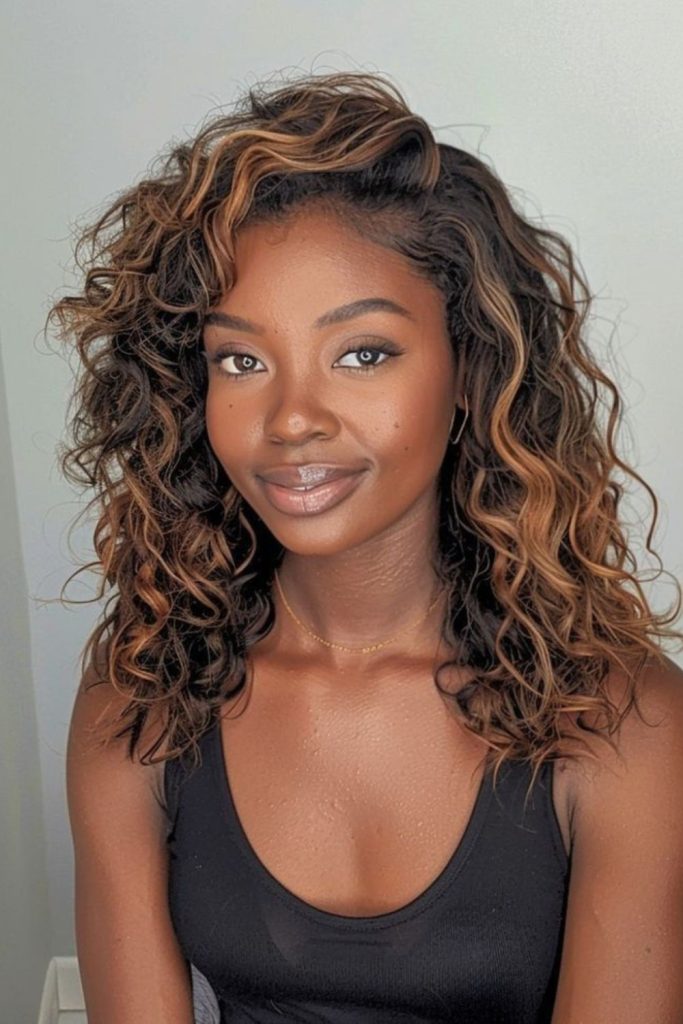 Curly lob with caramel honey highlights
