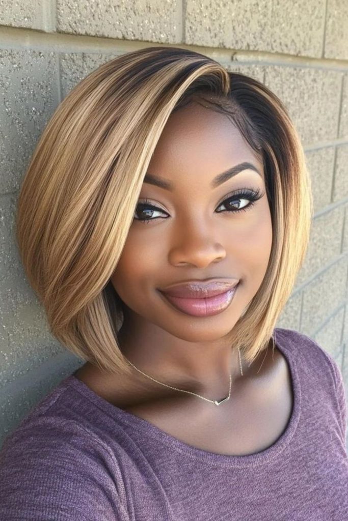 Side-swept bob in caramel honey shades