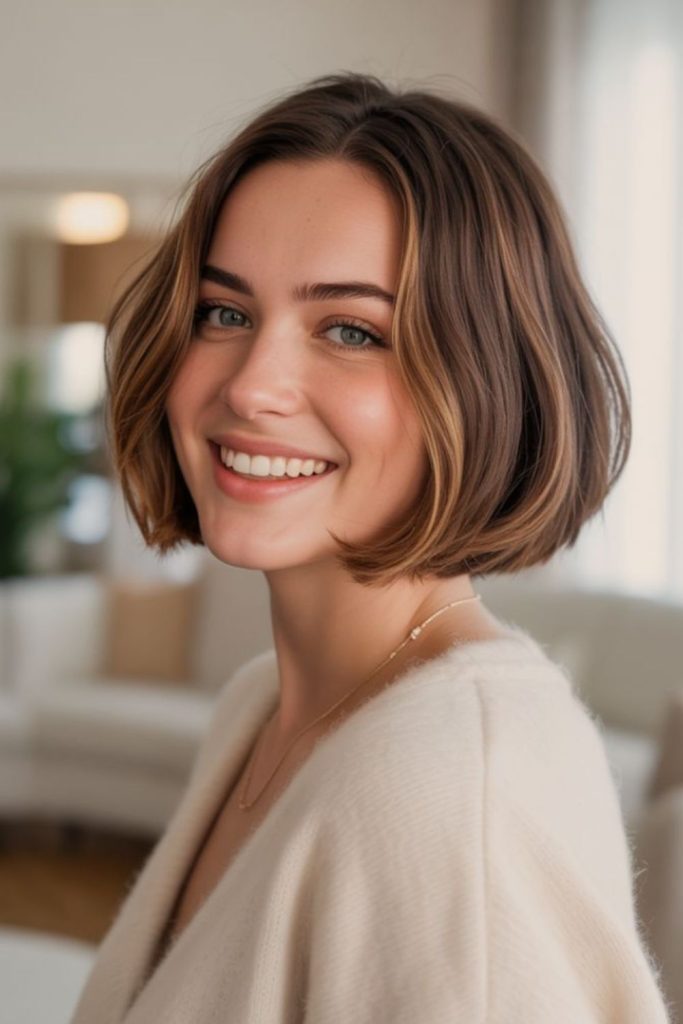 Caramel toned cascading bob haircut