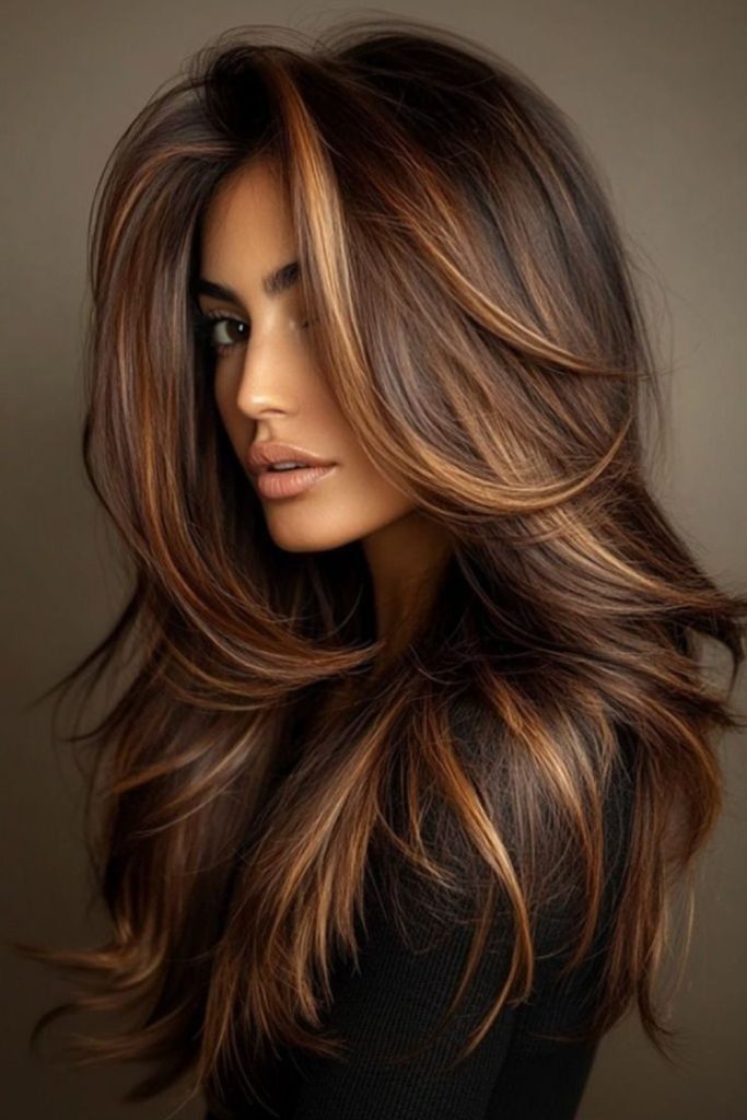 Layered curtain hairstyle in honey tones