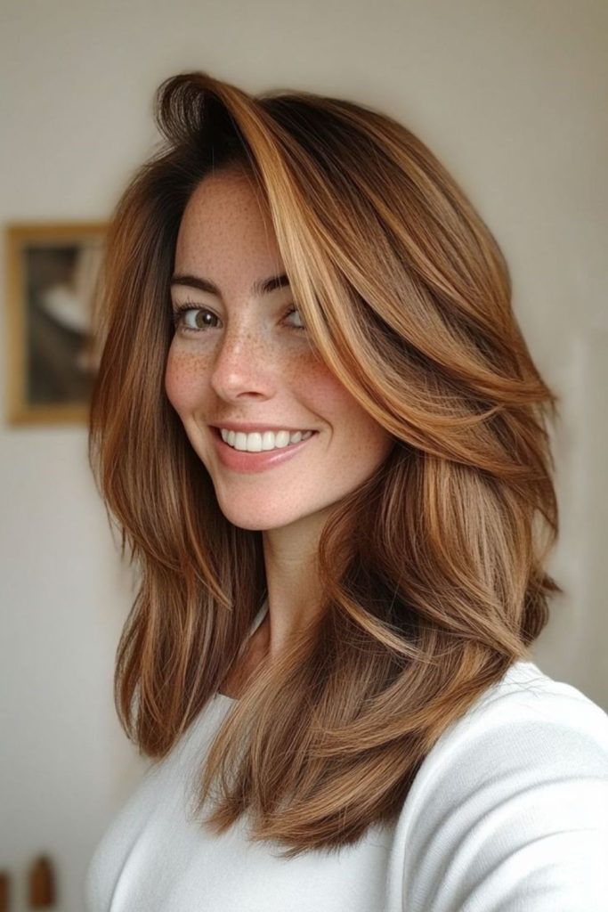 Caramel waves with face-framing flicks