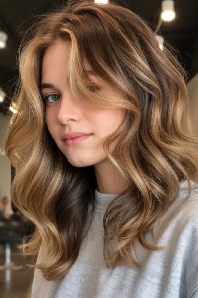 Caramel mid-length hair with flicked layers