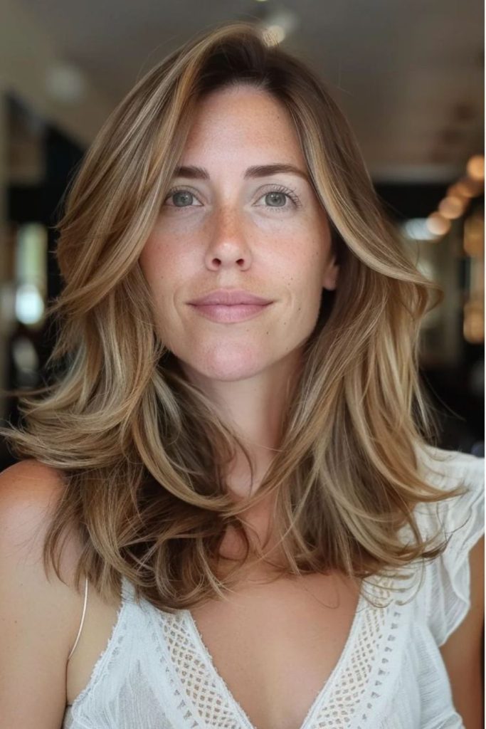 Champagne-toned hair with flicked ends