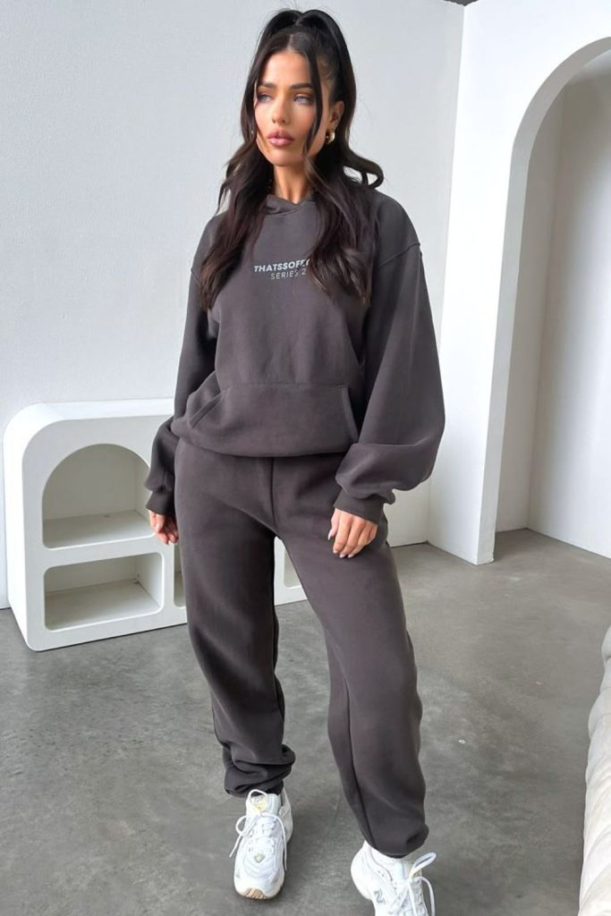 Charcoal sweatsuit cozy modern look.