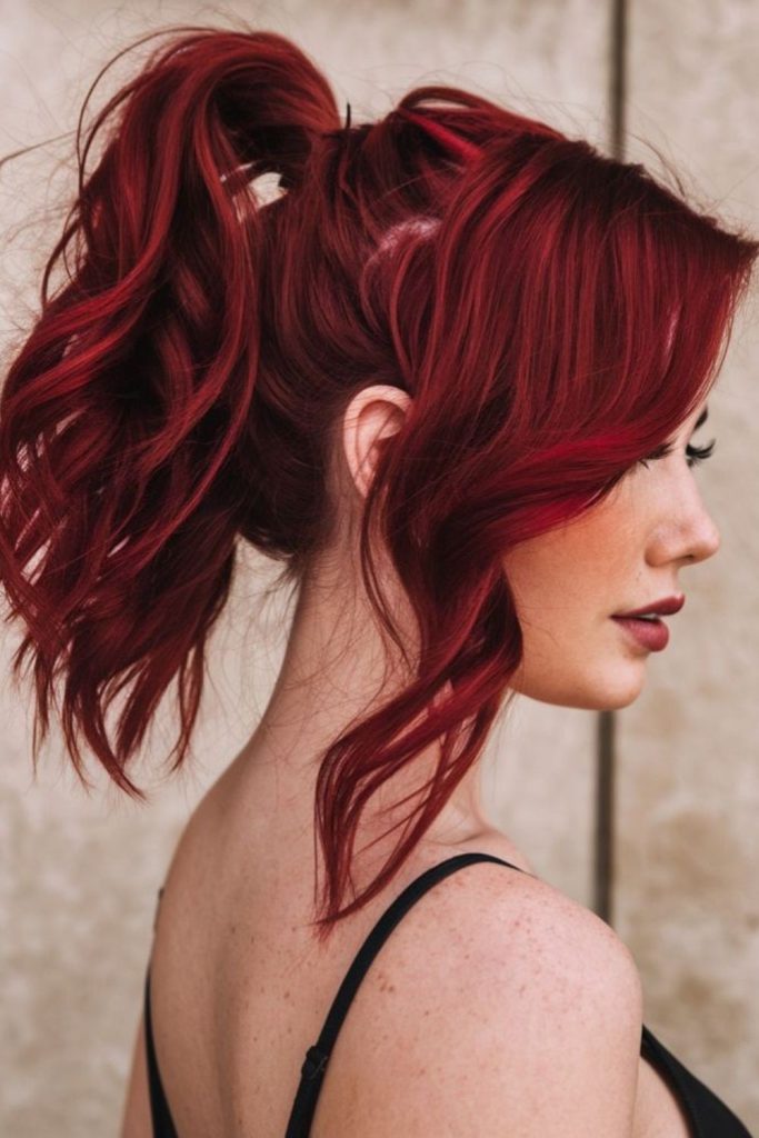 Twisted cherry red ponytail playful