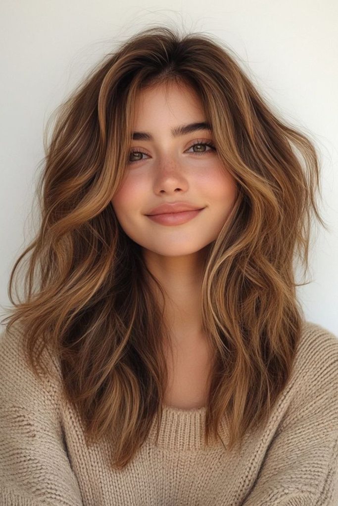 Chocolate caramel wavy mid-length hair style.