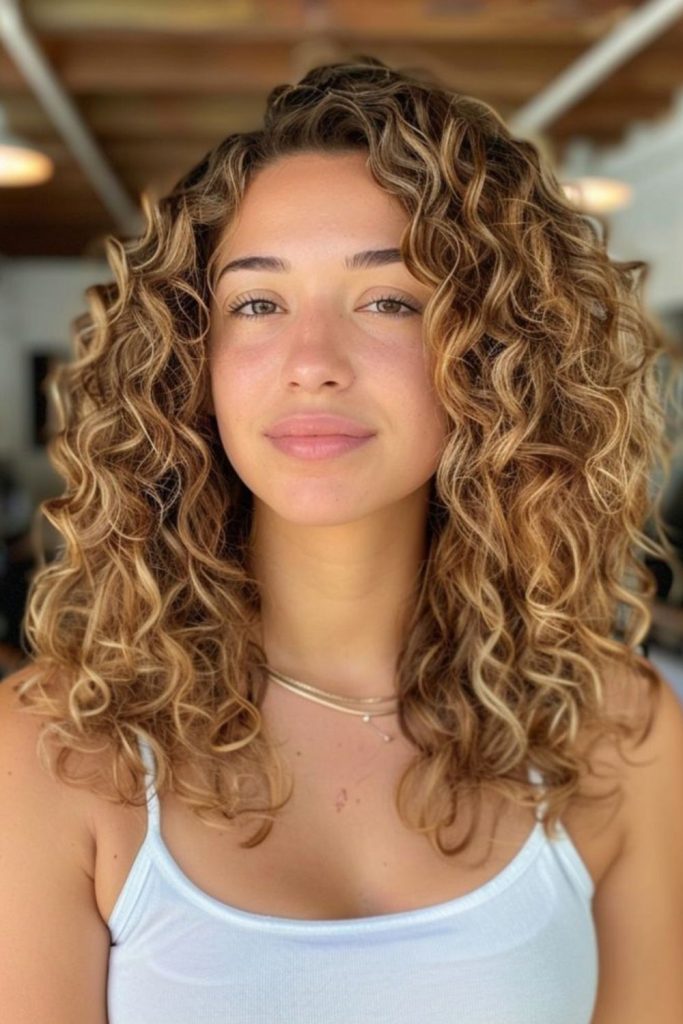 Twisted mid-length hair with honey highlights.
