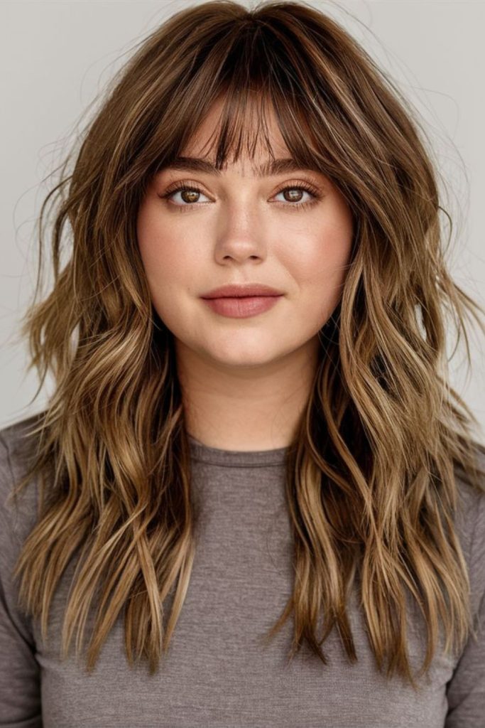 Feathered curtain bangs soft round face