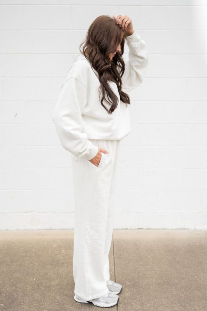 White sweatsuit clean cozy reset look.