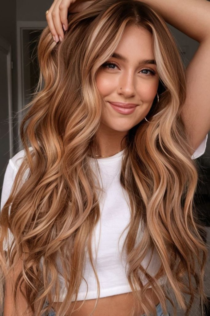 Warm copper honey balayage highlights flowing.