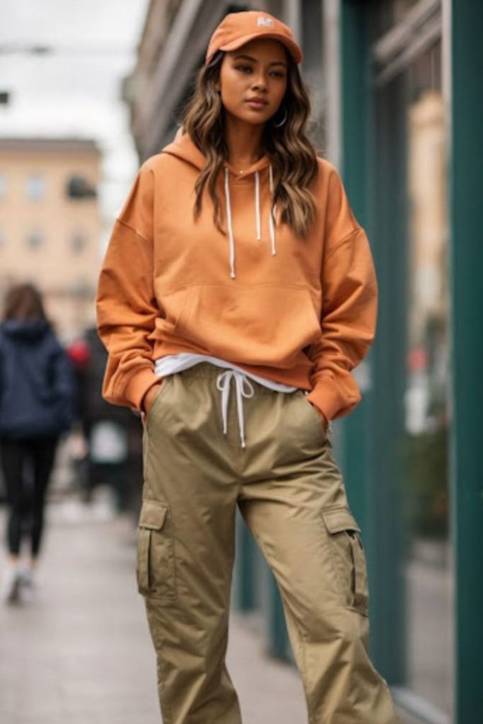 Bright coral hoodie with cargo pants