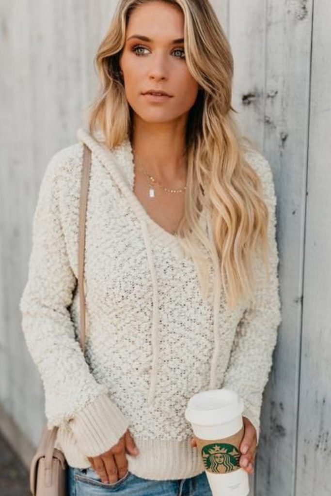 Cream knit hoodie with frayed skirt