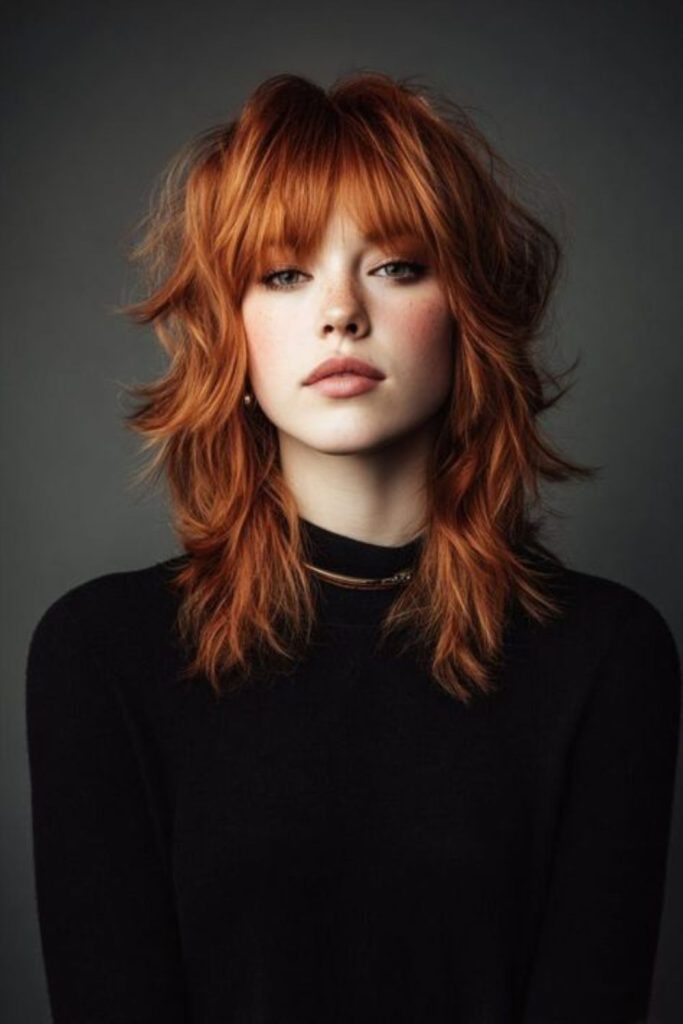 Vibrant red copper shaggy fiery hairstyle.
