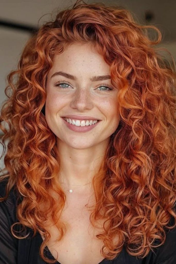 Side-parted crimson curly hairstyle bold