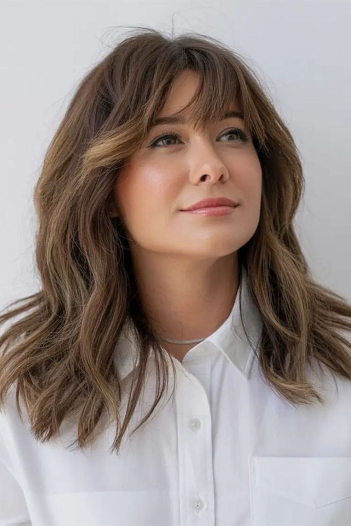 Wavy curtain bangs enhance facial balance