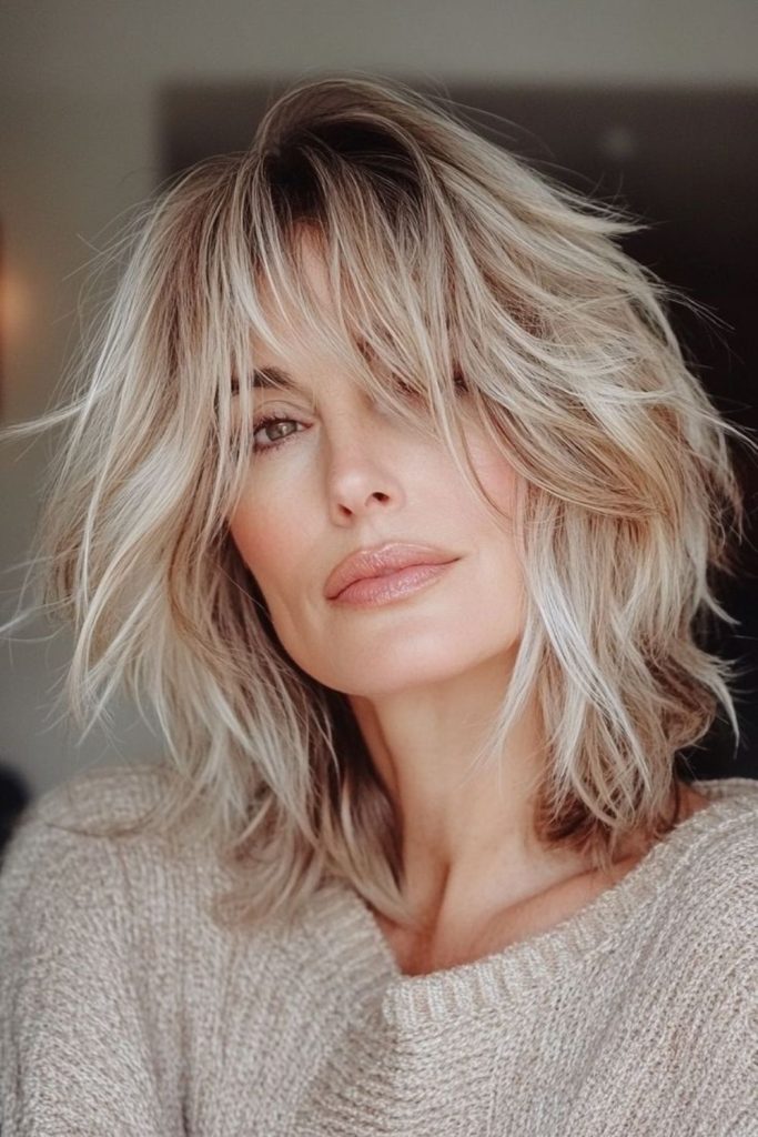 Shoulder-length lob with twisting face layers