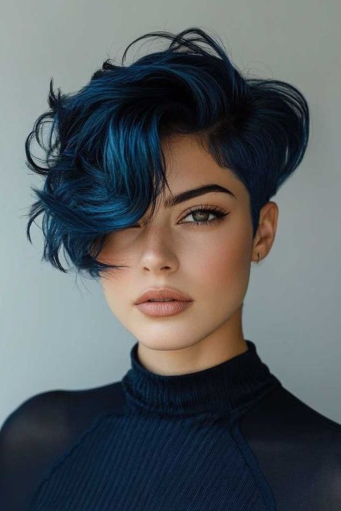 Blue denim pixie cut with edge.