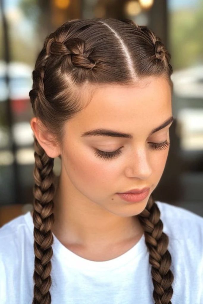 Parallel rope braids ending in high ponytail.