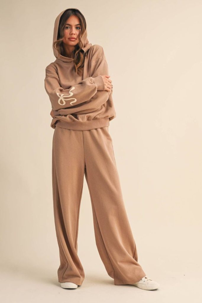 Sandy beige hoodie with wide trousers