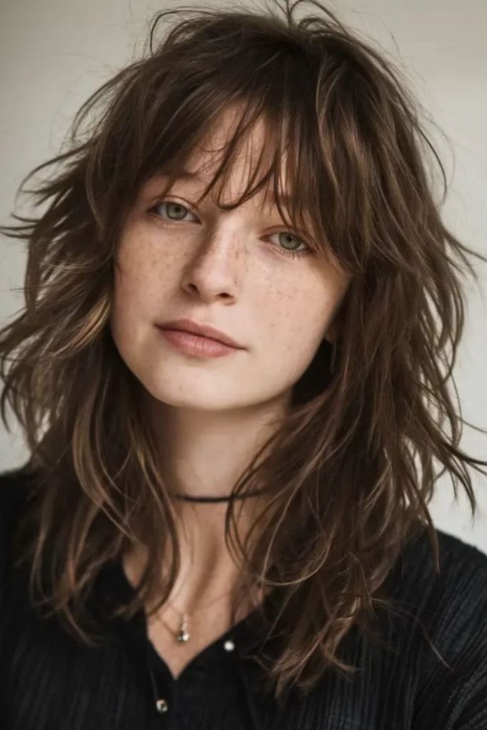 Dark layered wolf haircut with waves