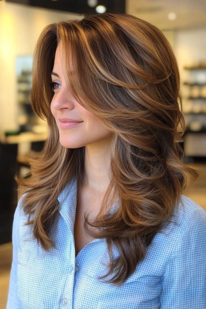 Warm glowing layered medium-length hair
