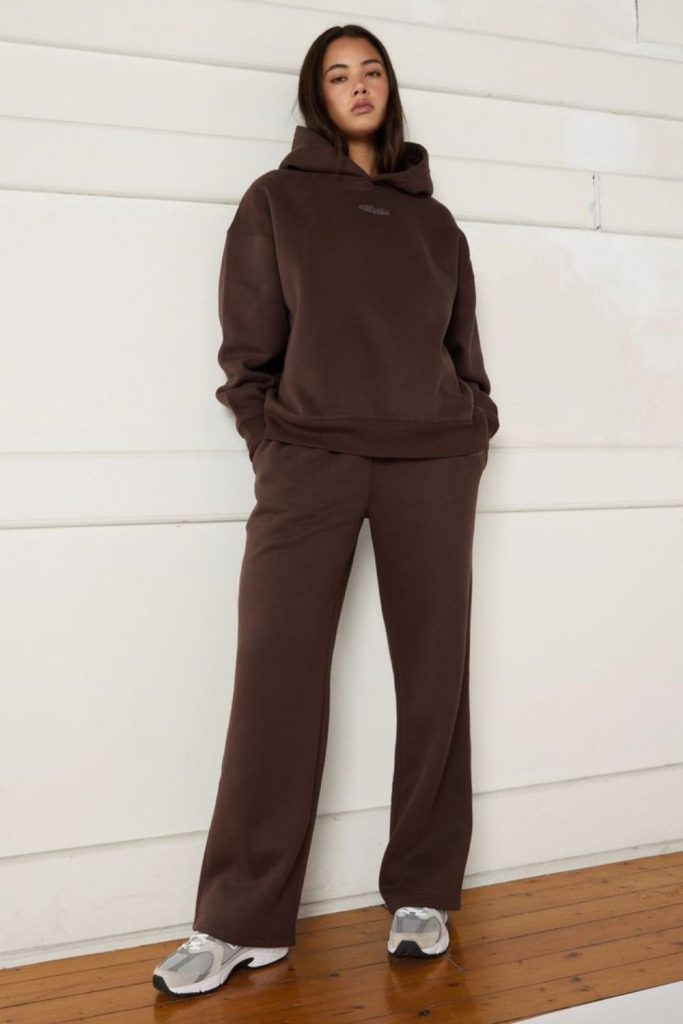 Brown sweatsuit warm cozy vibe.